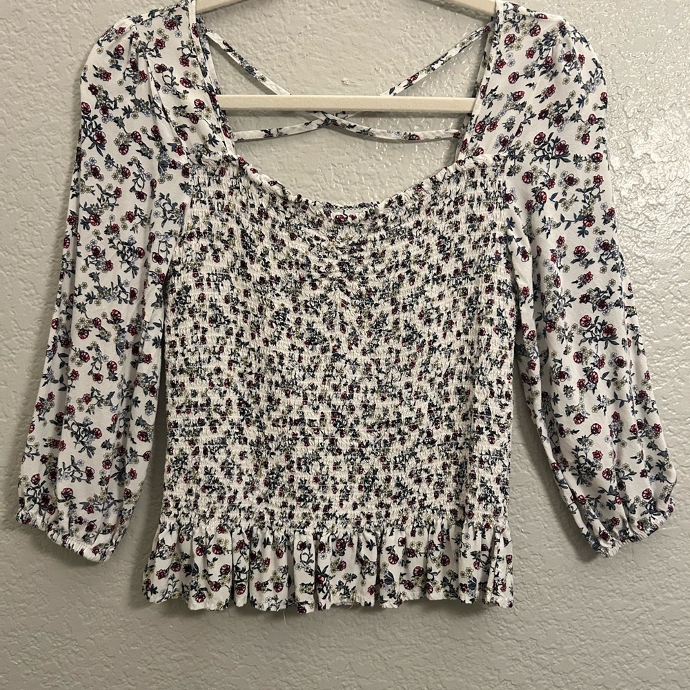 Almost Famous White Floral Smocked Blouse